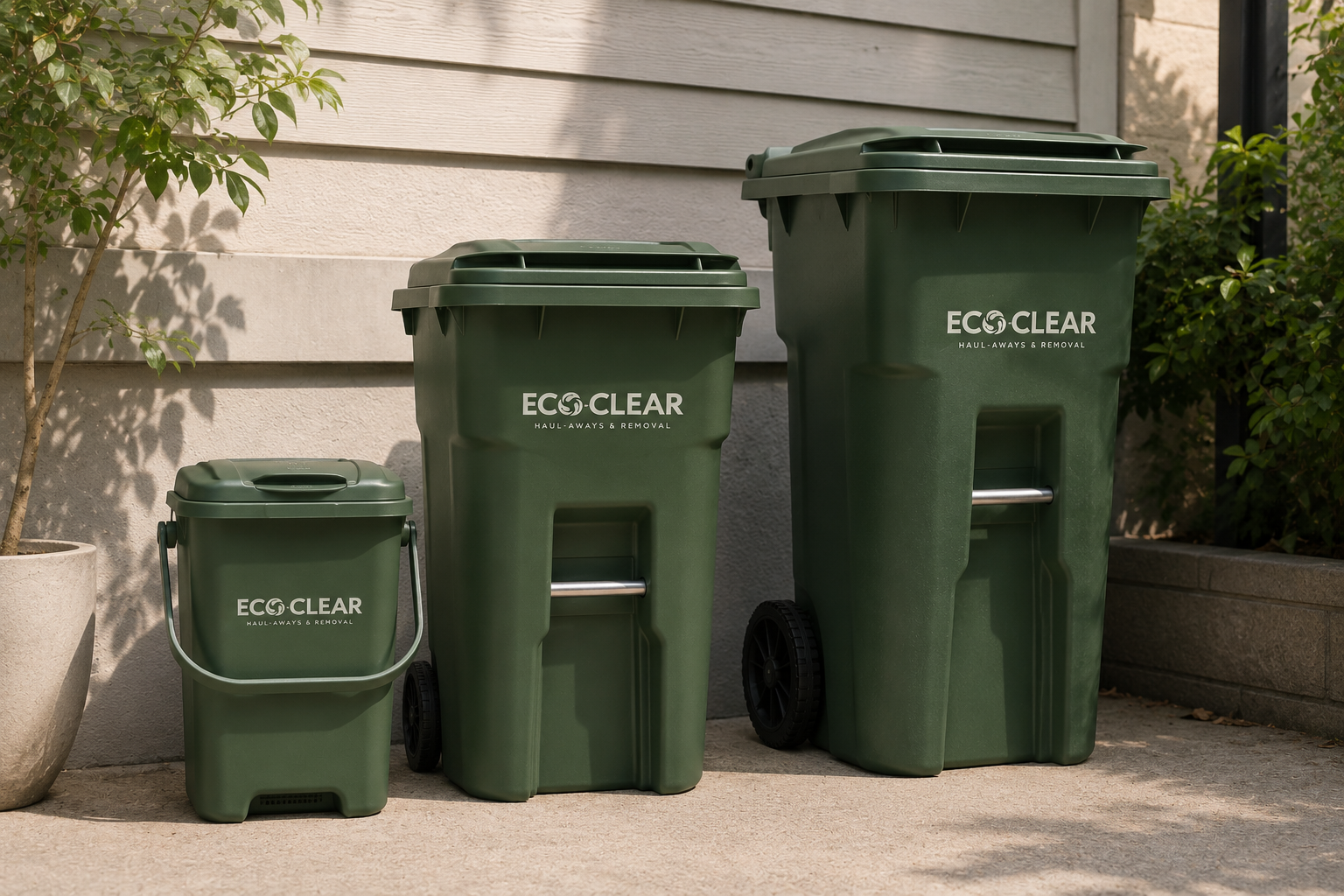 EcoClear branded bins lined up outside a home