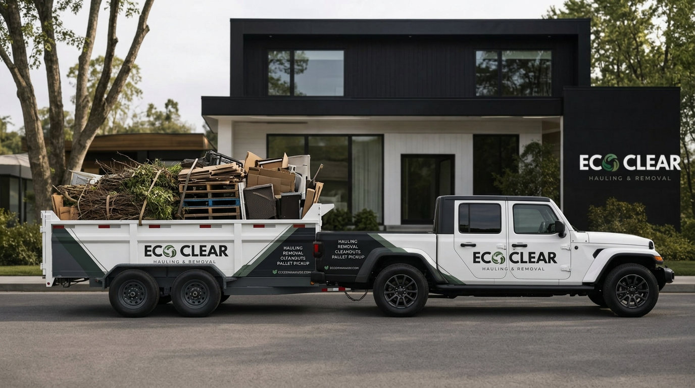 EcoClear crew member loading a recycling bin into a truck